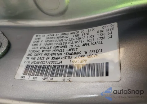 2007 Honda Cr-V Ex from USA, damaged, VIN JHLRE48517C063524